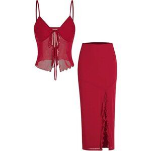 Cider Women's Medium Mesh Sweetheart Top Split Maxi Skirt Red CD20231023408802RS